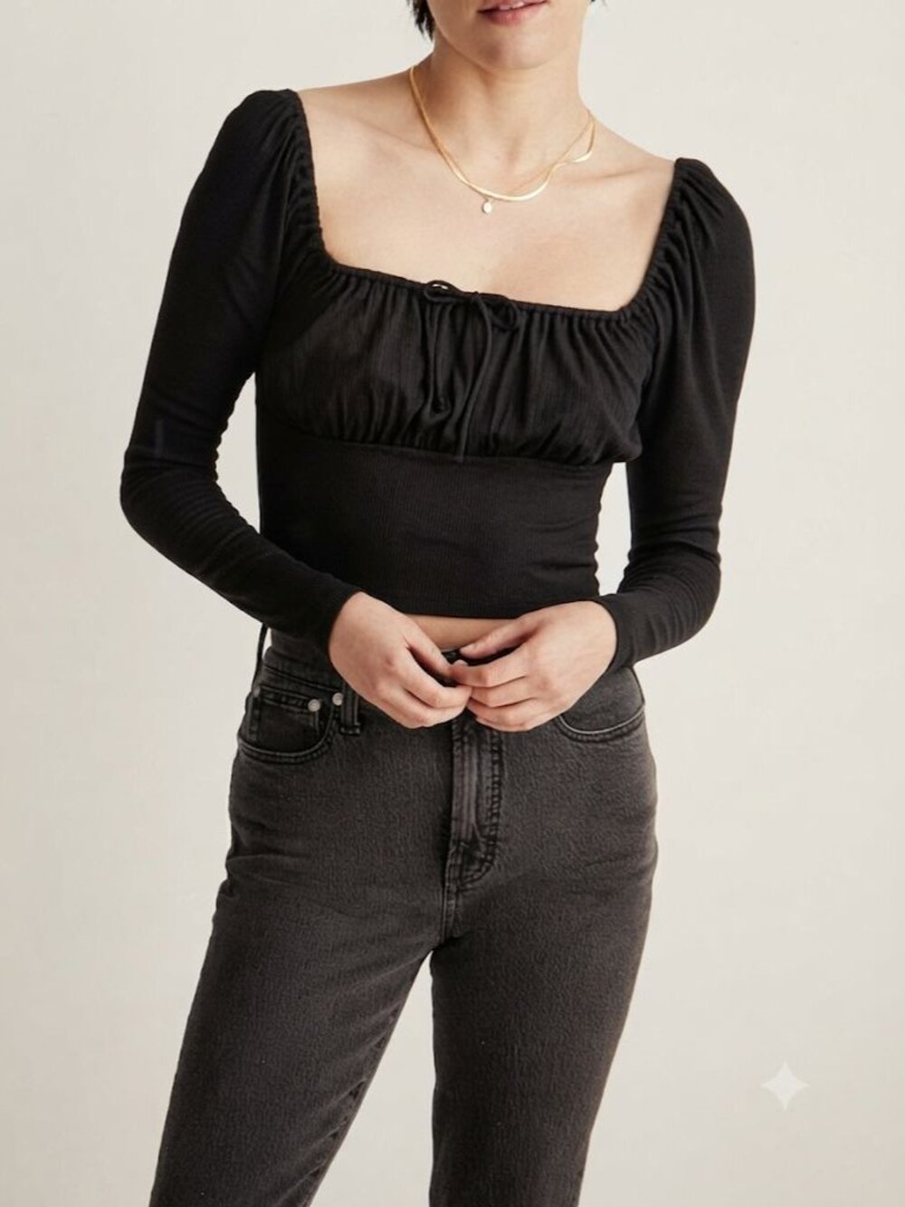 Madewell Ribbed Square Neck Long Sleeve Top Cropped Tie Front Black Size S